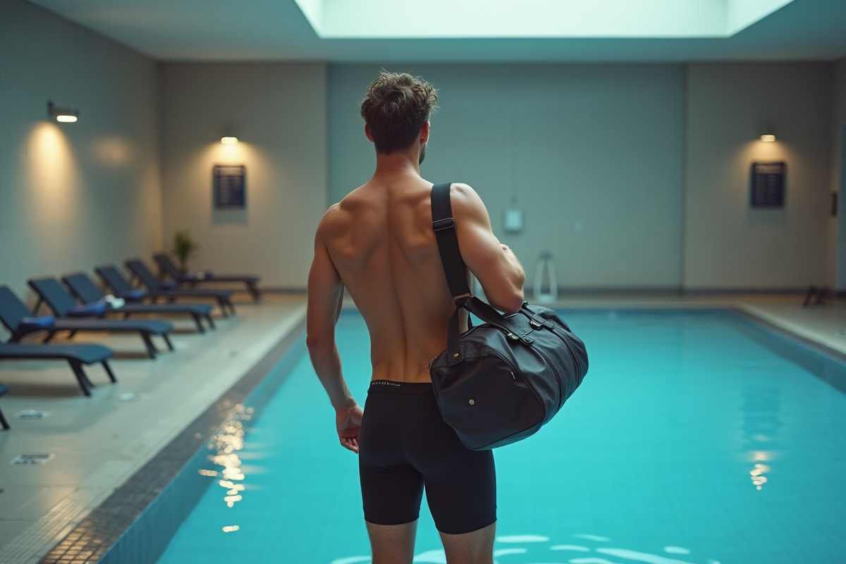 Homme en maillot de bain regardant le tableau de départs