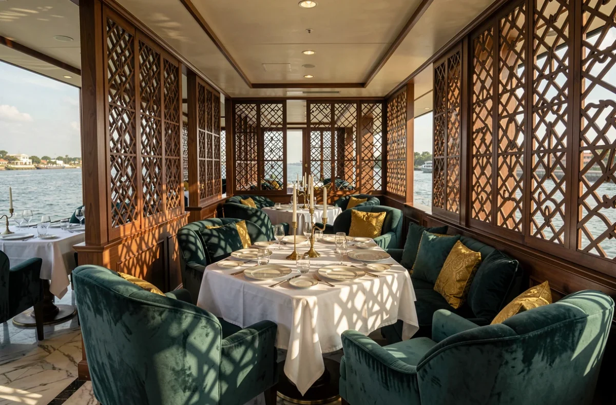 Salle à manger intérieure luxueuse d'un bateau de croisière sur le Nil avec décor en bois sculpté