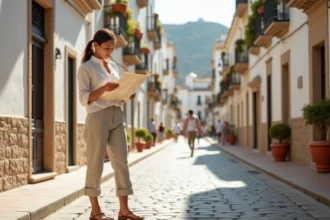 Femme consultant une carte papier dans une ruelle pavée du centre historique de Malaga en Espagne