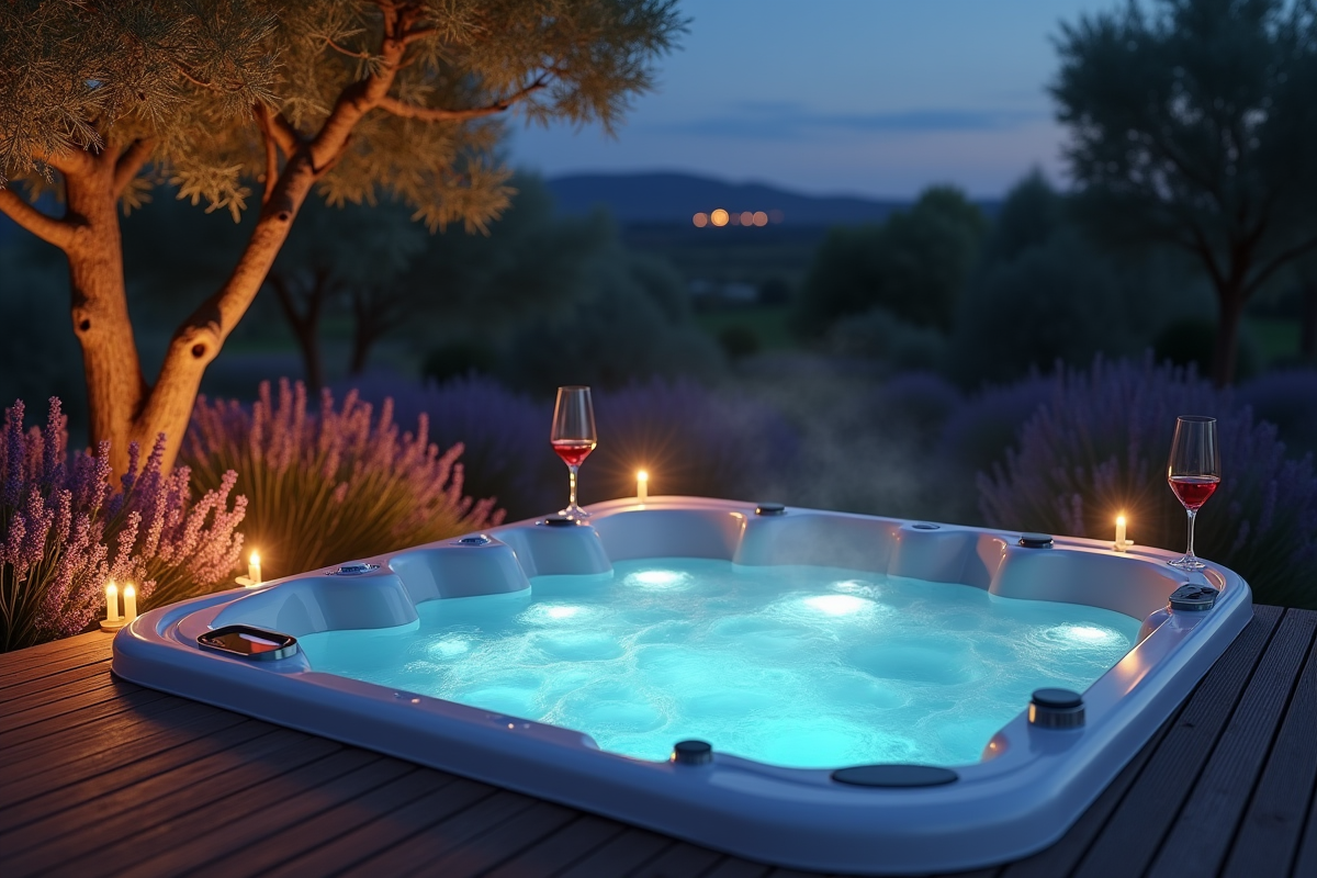 Jacuzzi extérieur luxueux en Provence la nuit avec oliviers