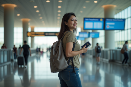 Jeune femme voyageant à Denpasar avec passeport et boarding pass