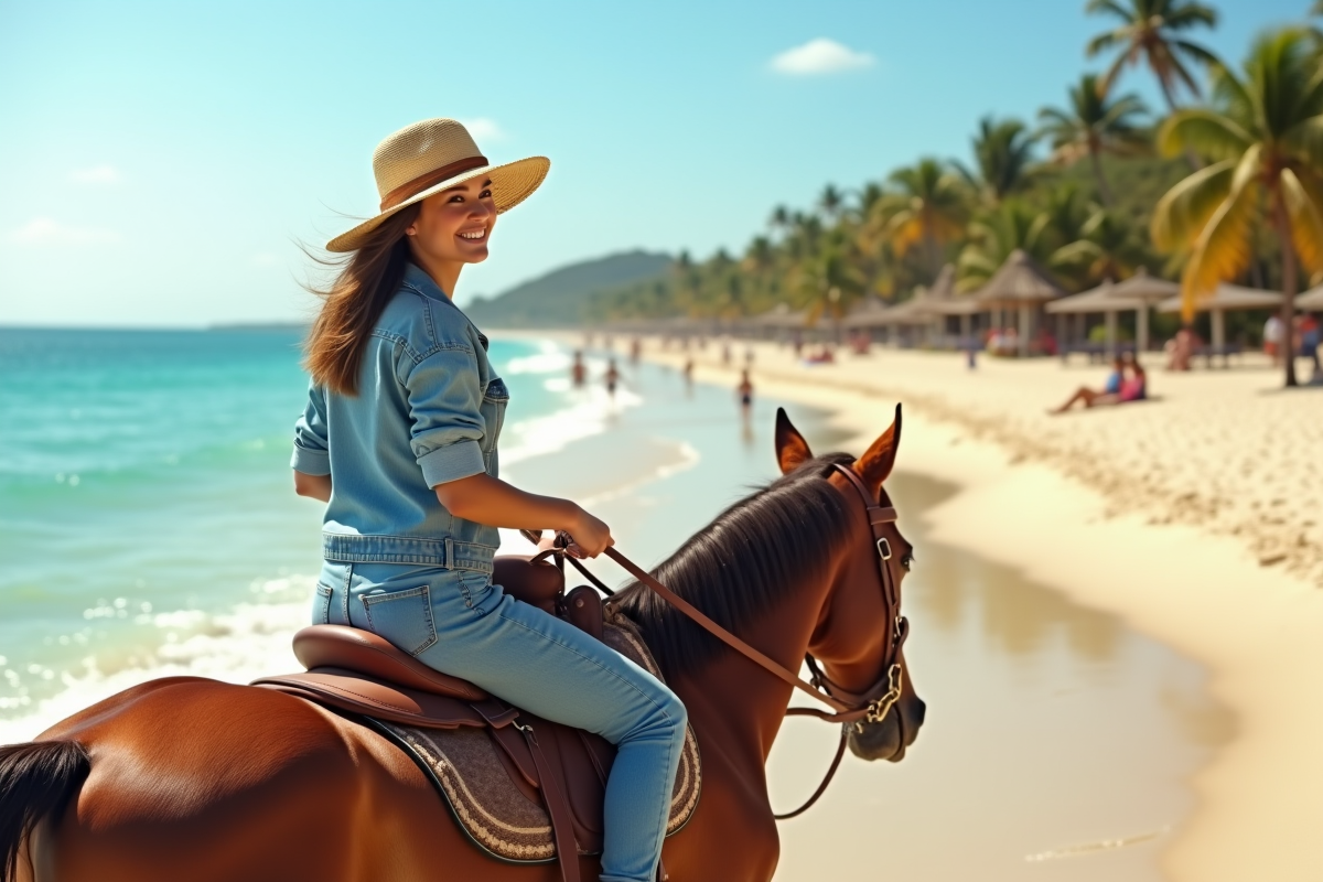 Jeune femme à cheval sur la plage mexicaine en été