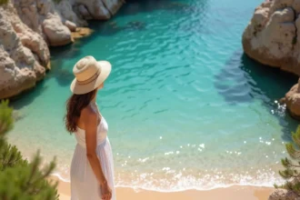Jeune femme en robe blanche et chapeau de paille sur la côte de Porto Cervo