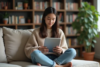 Jeune femme lisant manga sur tablette dans son salon