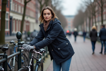 Jeune femme en parka verrouille son vélo sur un support à Amsterdam