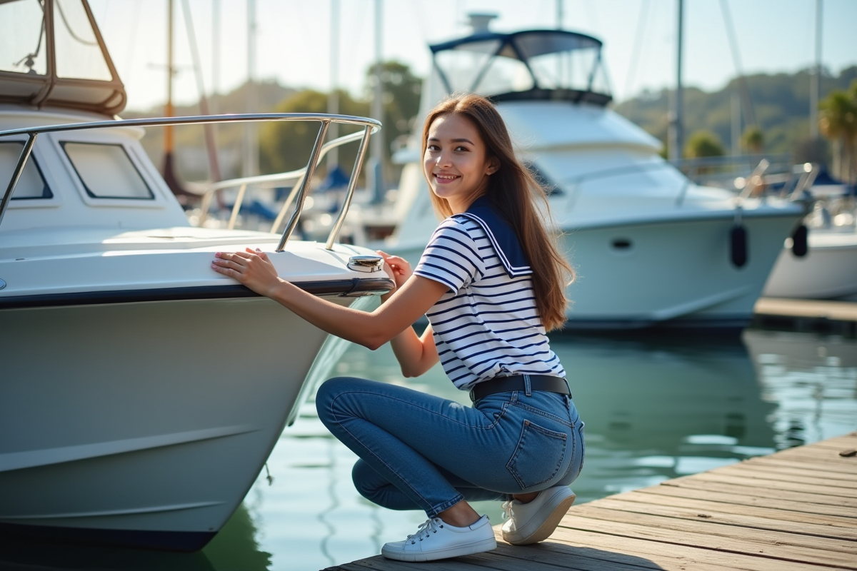 Jeune femme en marinière sur le pont du bateau