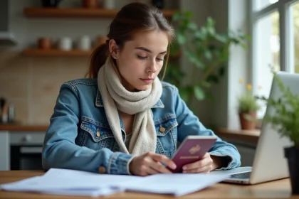 Jeune femme examine son passeport français à la maison