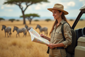 Jeune femme en safari regardant une carte dans la savane africaine