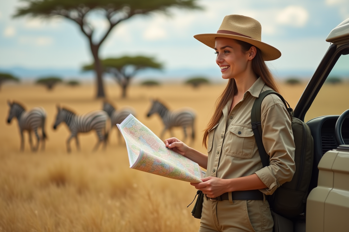 Jeune femme en safari regardant une carte dans la savane africaine