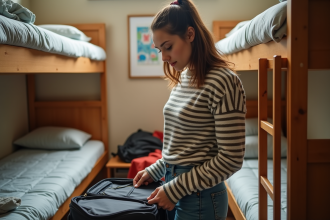 Jeune femme vérifiant ses affaires dans une salle d'auberge accueillante