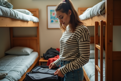 Jeune femme vérifiant ses affaires dans une salle d'auberge accueillante