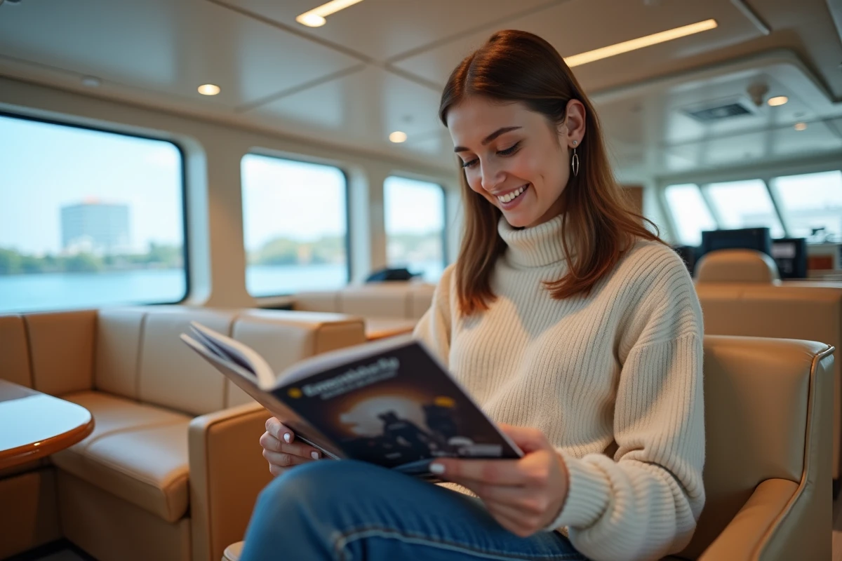 Jeune femme souriante feuilletant une brochure dans un yacht moderne