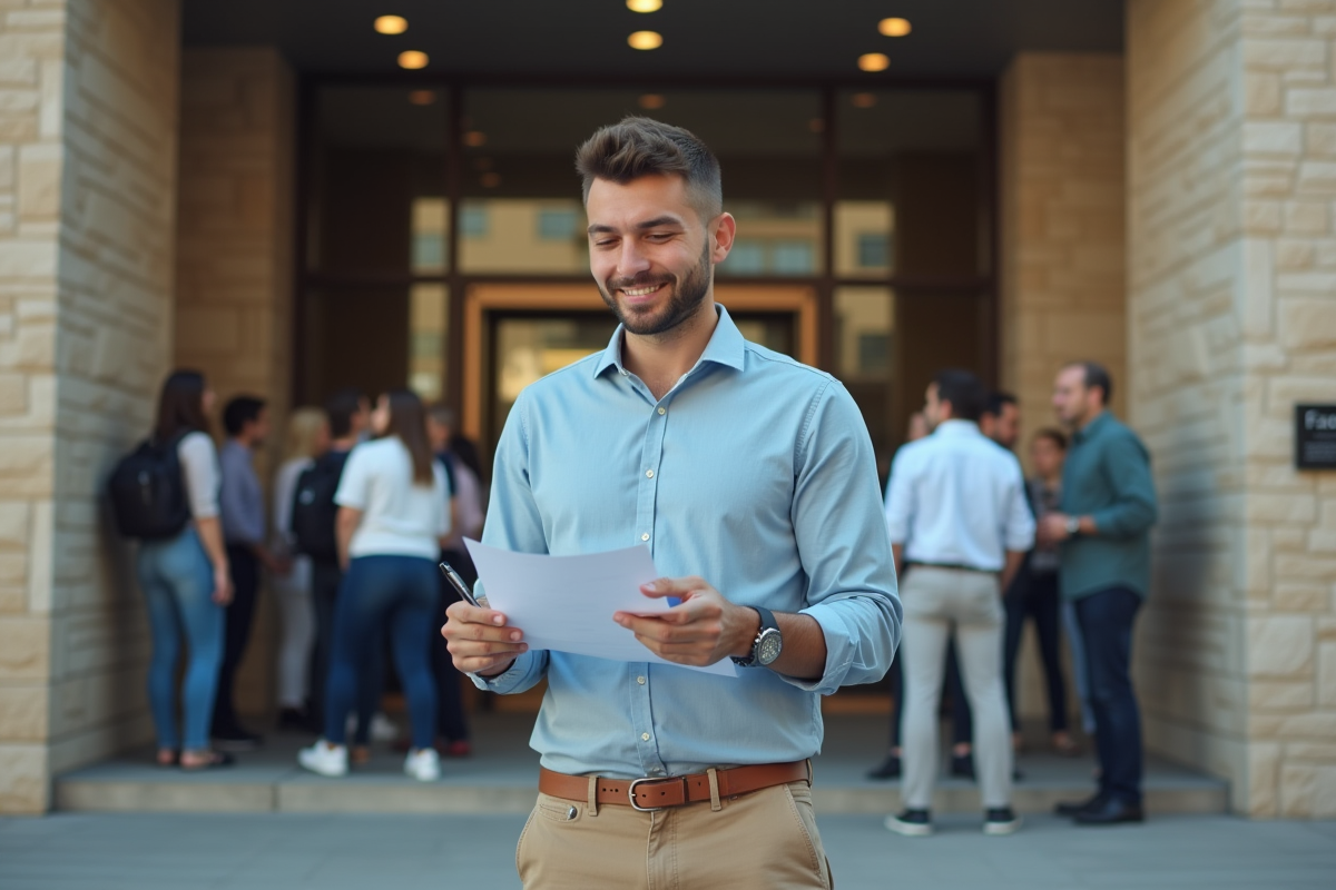 Jeune homme vérifiant ses papiers devant une ambassade