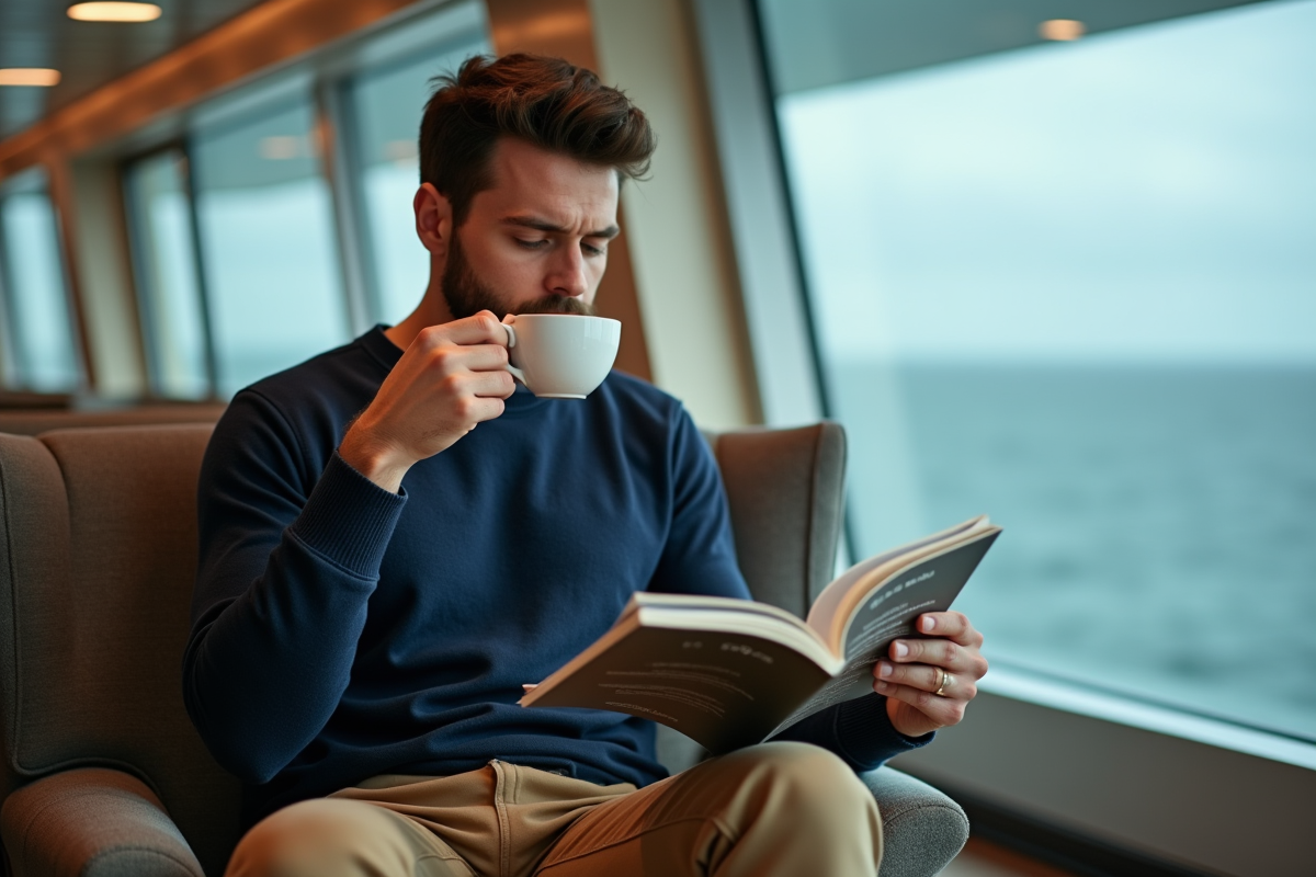 Jeune homme buvant du thé dans un lounge de croisière