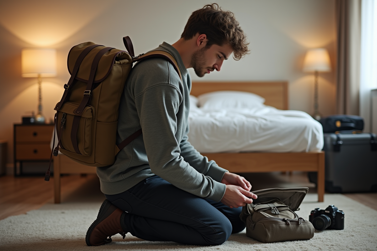 Jeune homme faisant sa valise dans sa chambre