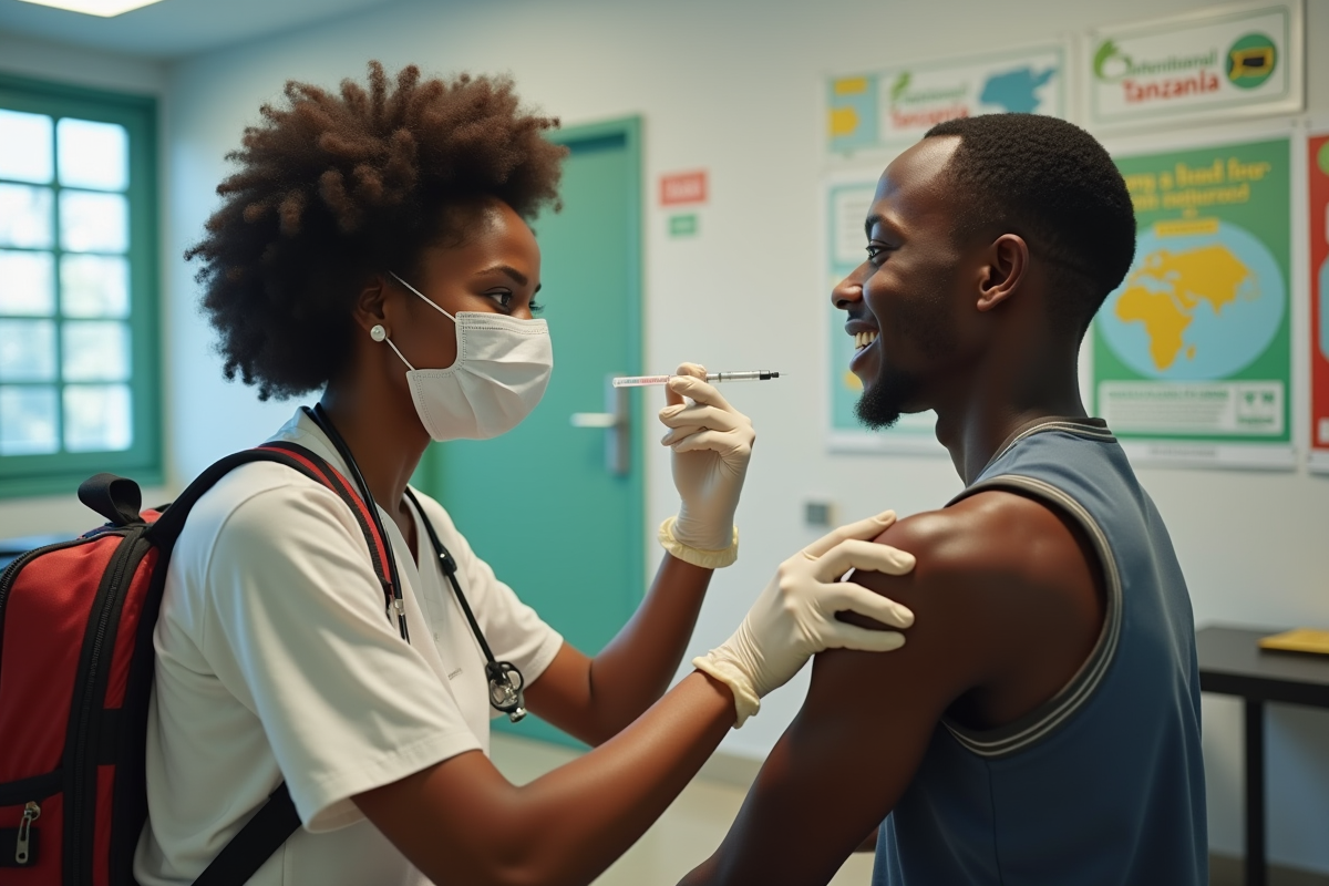 Jeune voyageur africain recevant un vaccin jaune fever à la clinique