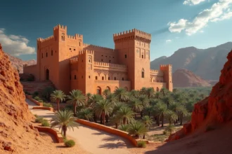 Kasbah en pisé dans la vallée du Drâa au Maroc, entourée de palmiers et de falaises ocre sous un ciel bleu profond