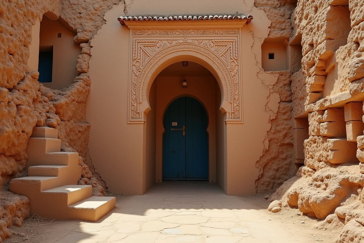 Cour intérieure d'un ksar abandonné près de Zagora, avec une porte bleue délavée et des frises géométriques amazighes sculptées dans l'argile