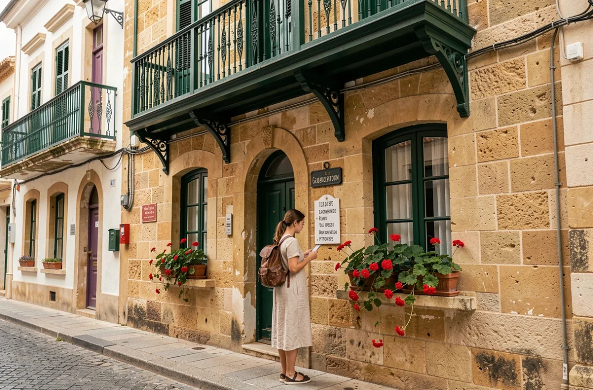 Voyageuse devant la façade en pierre dorée d'une maison d'hôtes traditionnelle maltaise à Saint-Julien, avec balcons en bois sculptés et géraniums en pot