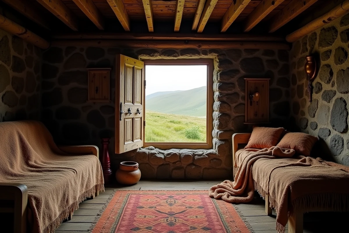 Intérieur d'une maison en tourbe islandaise traditionnelle avec poutres en bois et textiles en laine, témoignage de l'histoire et du patrimoine culturel isolé de l'Islande
