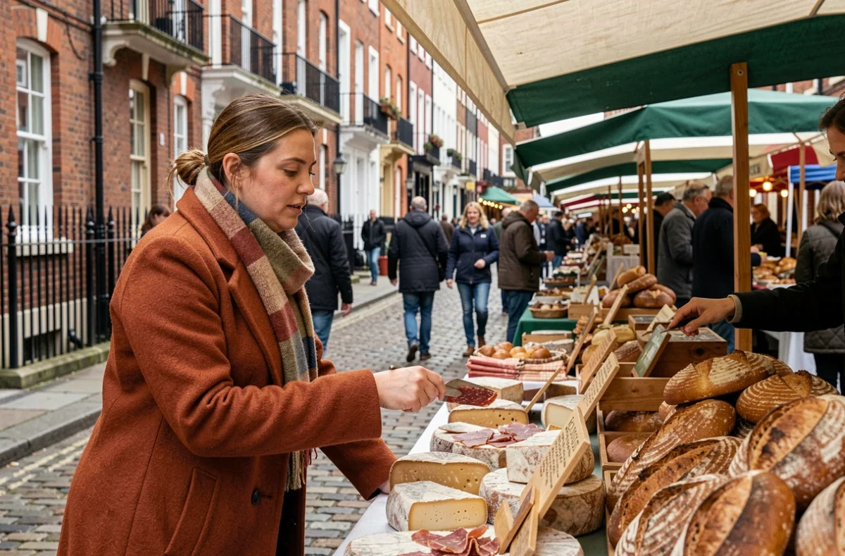 Femme explorant un marché de rue épicurien à Dublin avec des fromages irlandais artisanaux et des pains sur une ruelle en pavés