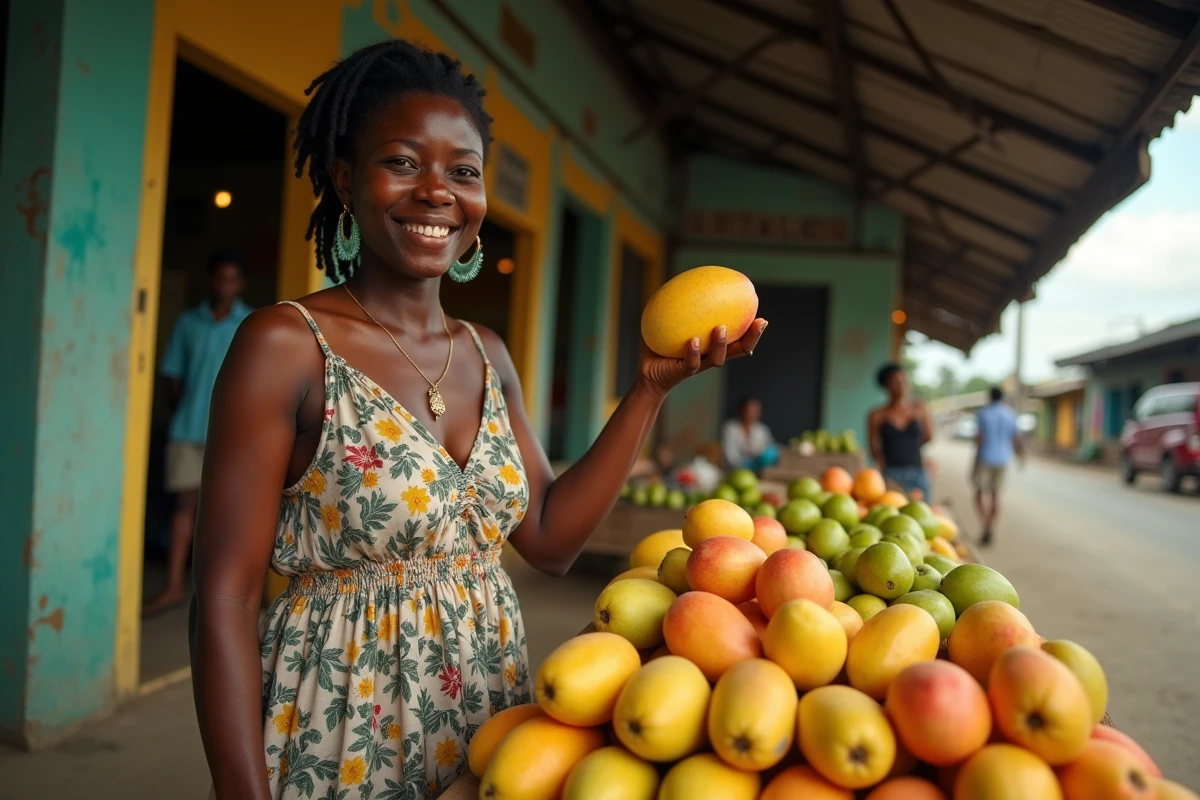 Femme jamaïcaine souriante tenant une mangue dans un marché de rue animé de Kingston entouré de fruits tropicaux colorés
