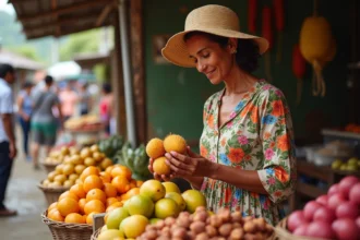 Femme réunionnaise en robe fleurie au marché local de Saint-Paul parmi fruits tropicaux et épices