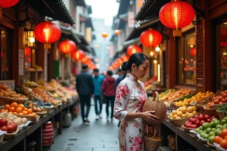 Marché traditionnel animé de la rue piétonne Shangxiajiu à Guangzhou avec vendeurs de dim sum et lanternes rouges