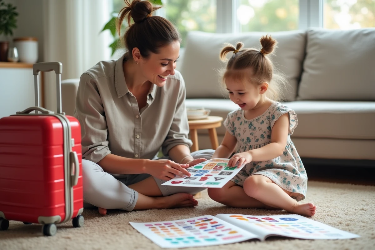 Mère et fille choisissant ensemble des autocollants pour décorer une petite valise rouge