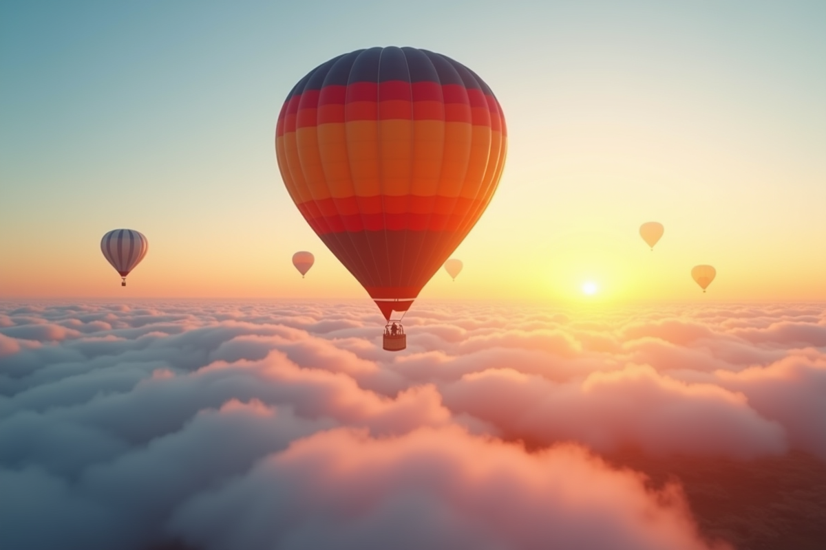 Montgolfière flottant au lever du soleil dans le ciel clair
