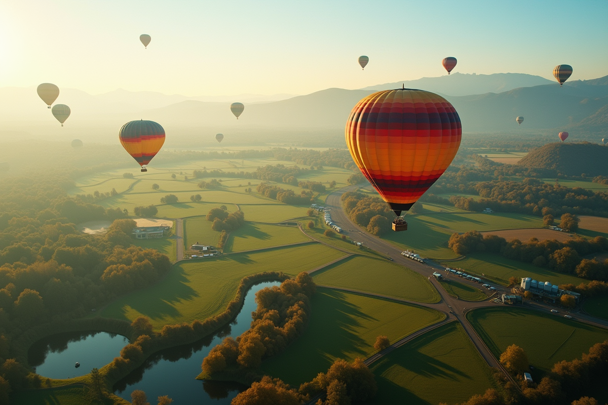 Plusieurs montgolfières colorées survolant des champs verts et lacs
