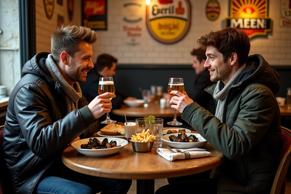 Deux jeunes hommes partageant des moules et frites à Bruxelles