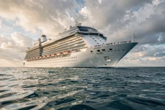 Grand navire de croisière de luxe naviguant en pleine mer, vue grand angle depuis le niveau de l'eau