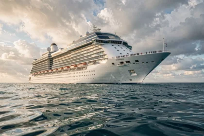 Grand navire de croisière de luxe naviguant en pleine mer, vue grand angle depuis le niveau de l'eau