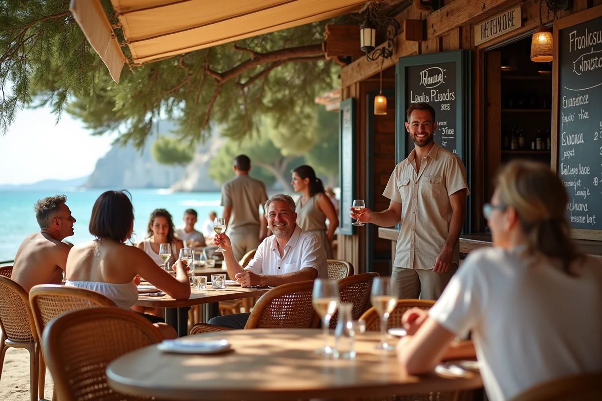 Terrasse de paillote sur la plage de Cala d'Orzu avec menu et clients attablés en saison estivale en Corse