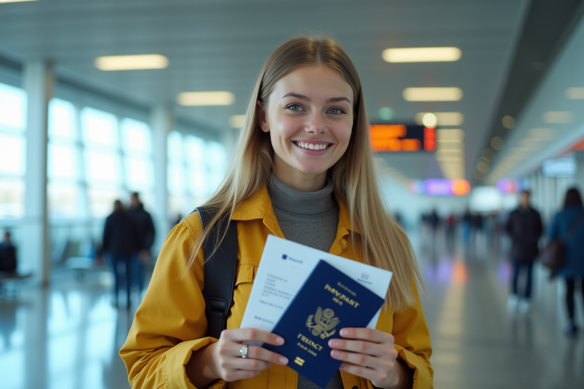Jeune femme souriante tenant son passeport et billet d