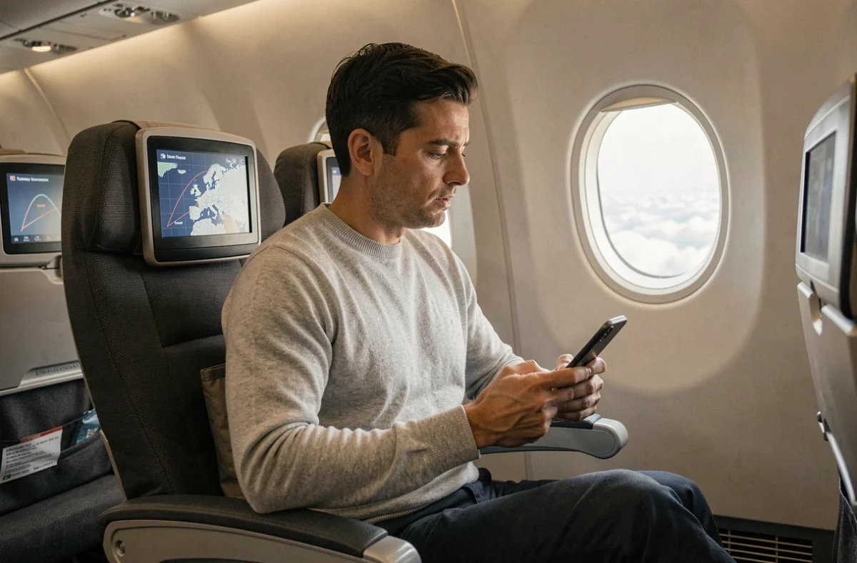 Passager en classe premium economy consultant la carte de vol sur un long-courrier Paris Hong Kong