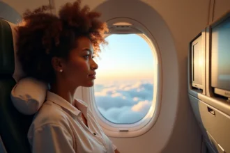 Passagère dans un avion regardant par le hublot lors d'un long vol Paris La Réunion