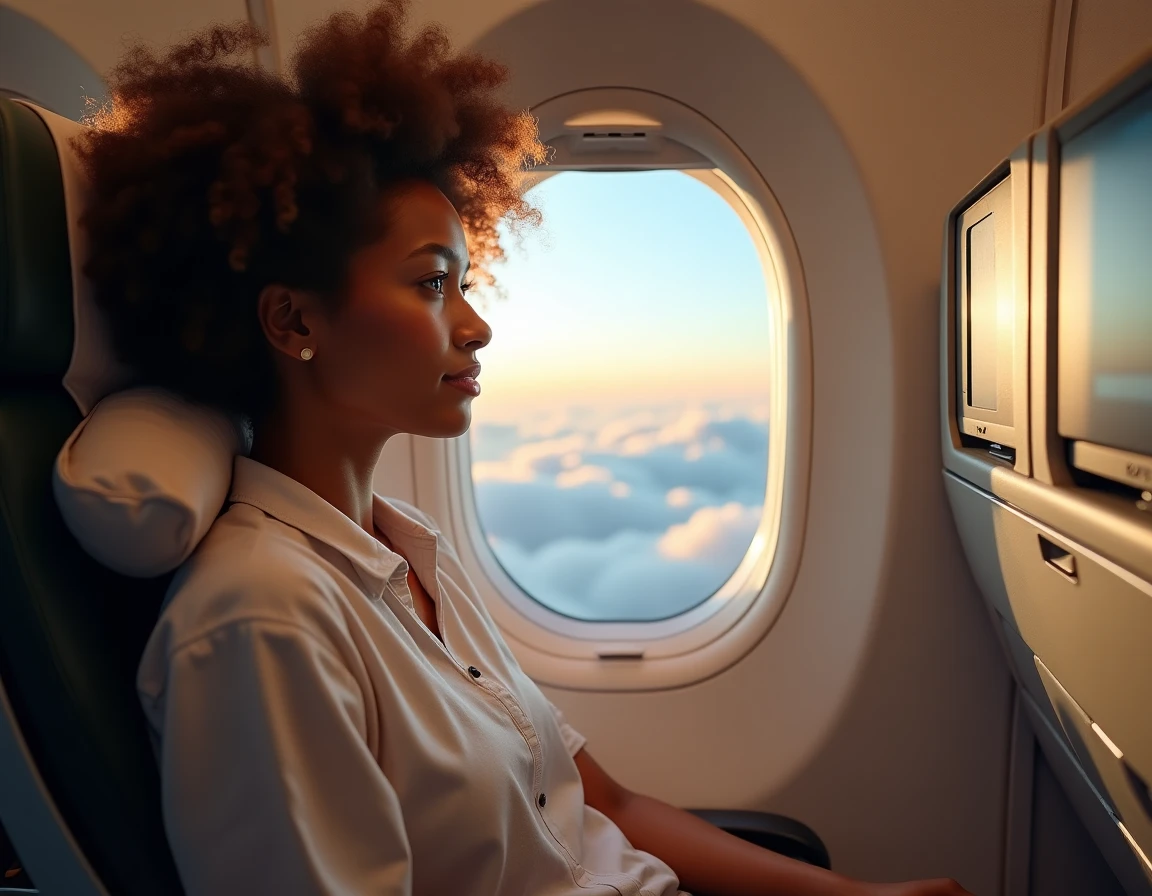 Passagère dans un avion regardant par le hublot lors d'un long vol Paris La Réunion