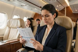 Passagère en classe affaires étudiant le classement d'Etihad Airways avec un regard critique