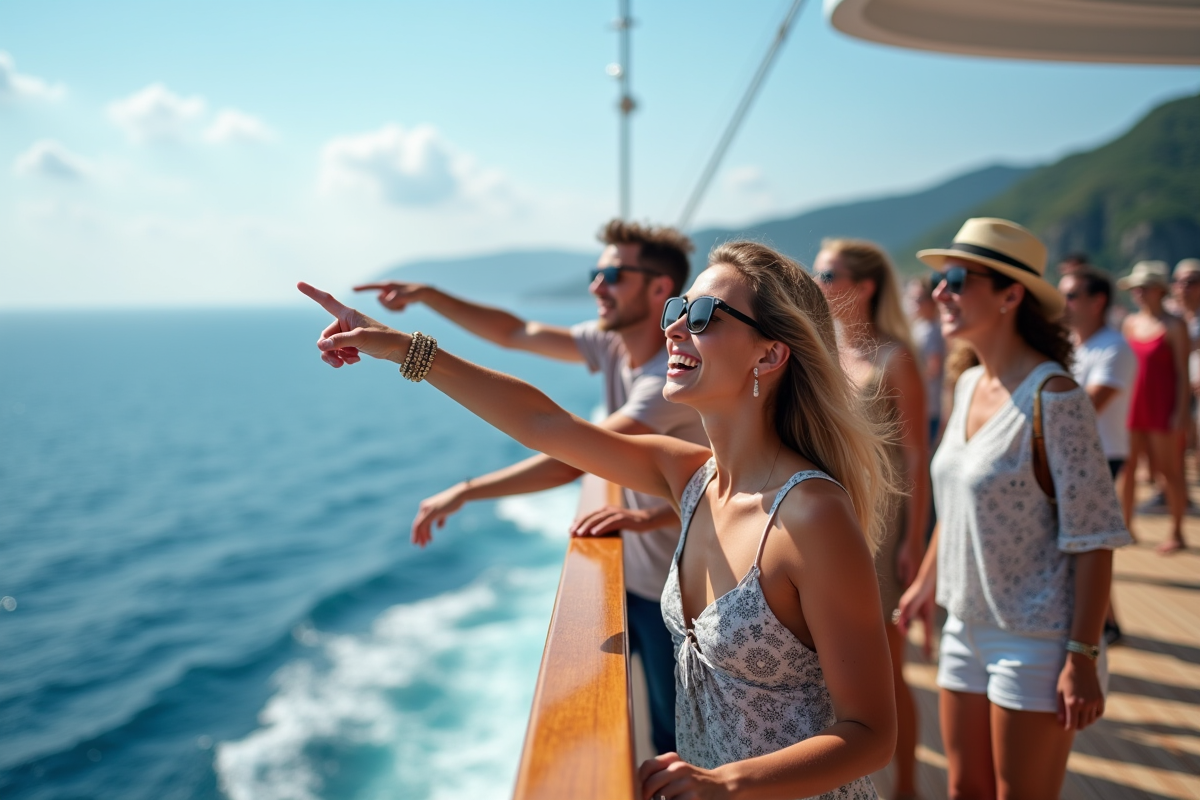 Touristes sur le pont supérieur du navire en été