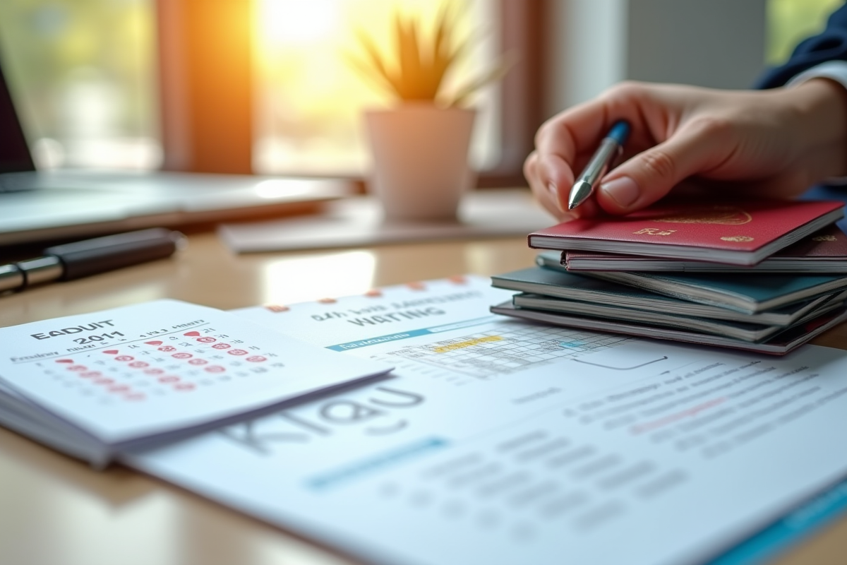Piles de passeports et documents officiels sur un bureau lumineux