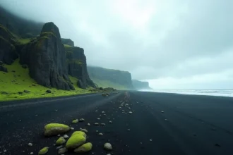 Plage de sable noir islandaise avec falaises de basalte et mousses volcaniques sous un ciel nuageux, paysage emblématique de l'Islande isolée en Europe