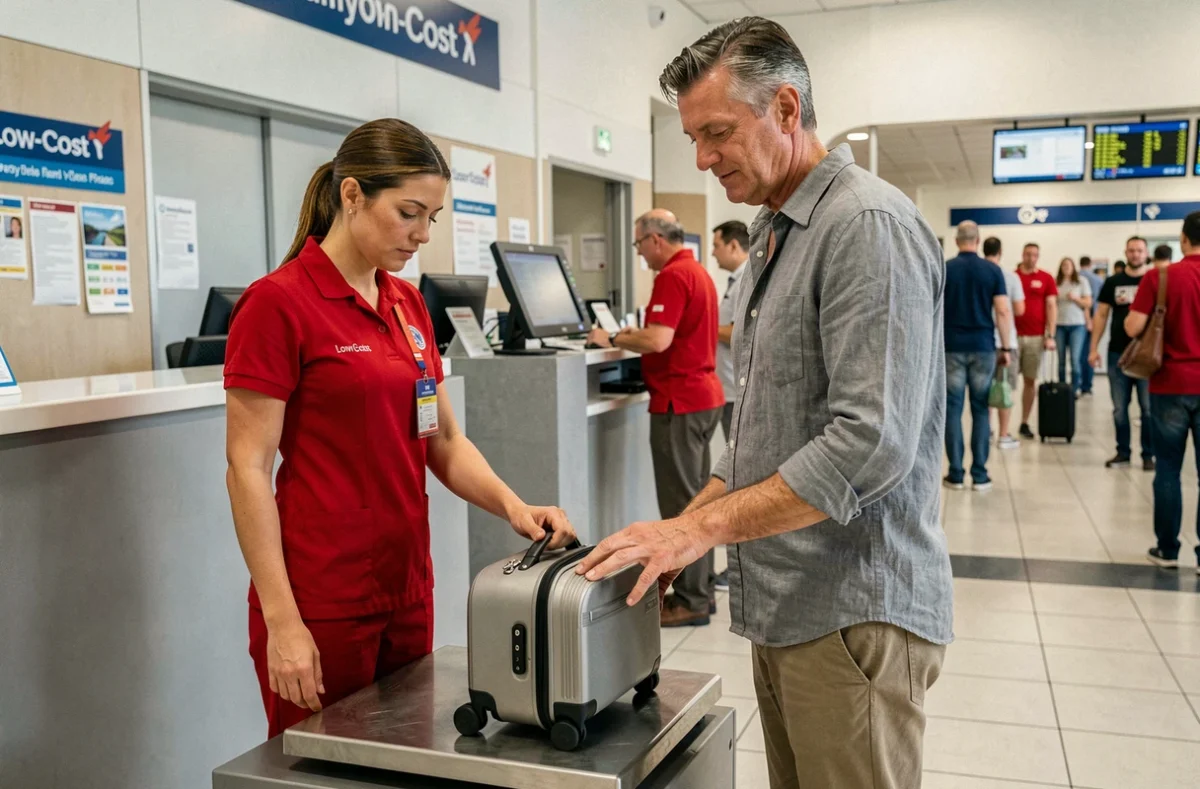 Passager pesant sa valise cabine au comptoir d'enregistrement d'une compagnie low cost