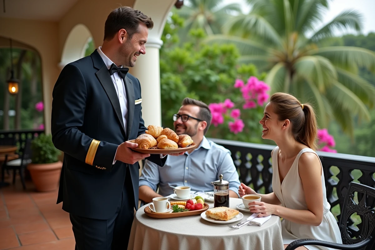 Service petit-déjeuner en chambre sur balcon d'hôtel 5 étoiles pour un couple en lune de miel