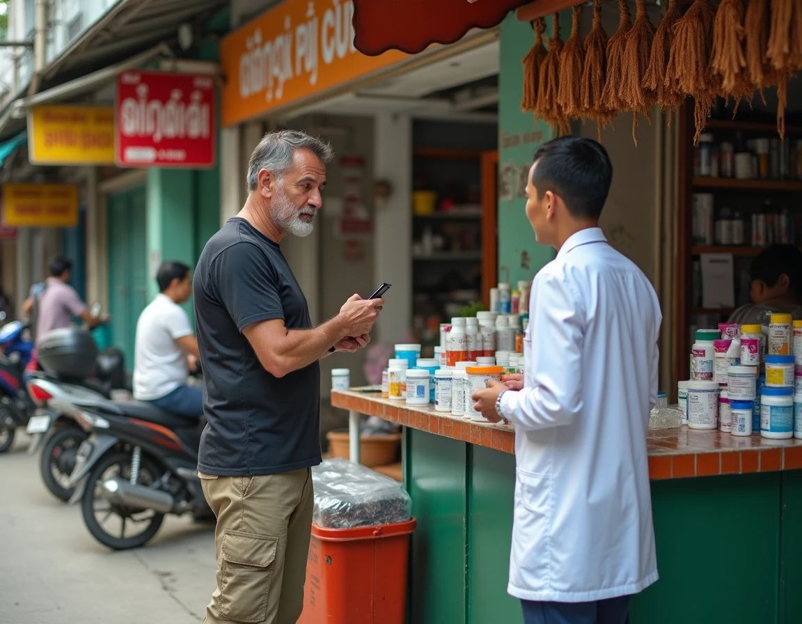 Voyageur occidental consultant un pharmacien local à Phnom Penh pour des médicaments de voyage au Cambodge