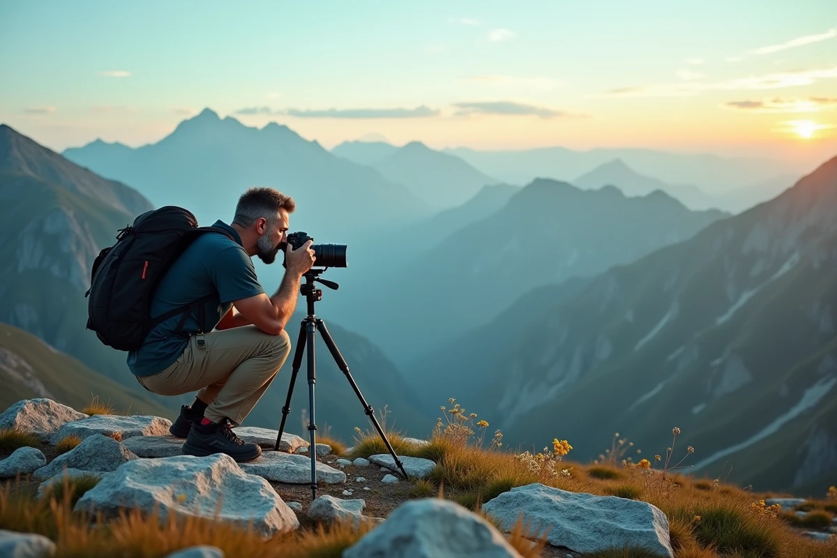 Photographe-voyageur cadrant un panorama de montagne sur un trek Aguila avec trépied et carte topographique
