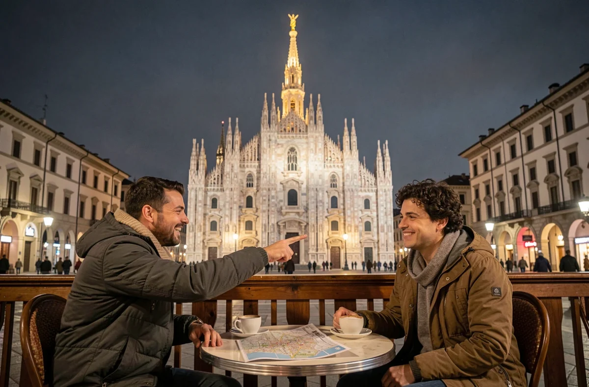 Deux amis en terrasse de café contemplant le Dôme de Milan illuminé la nuit avec la Madonnina dorée au sommet