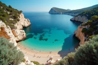 Vue panoramique de la plage des 3 Pointes à Bonifacio, crique secrète aux eaux turquoise et falaises calcaires en Corse
