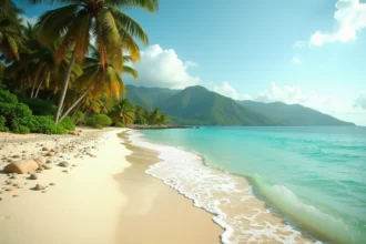 Plage de sable clair près de Kingston en Jamaïque avec des eaux turquoise et des palmiers inclinés sous un ciel tropical